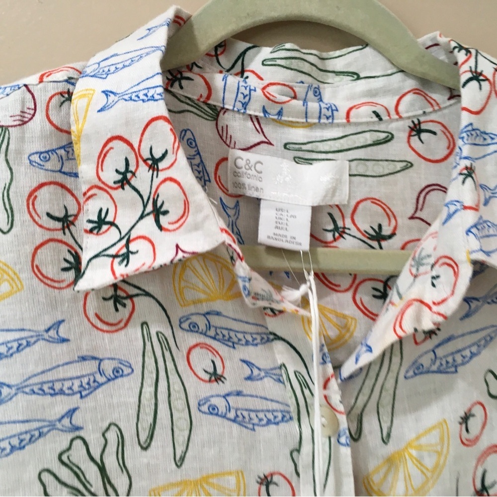 C&C California Fish & Veggie Print Button Down Shirt Linen White Womens L NWT - Picture 4 of 6